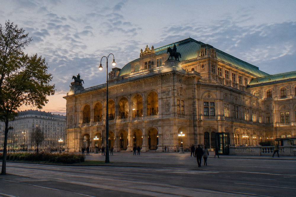 The lit State Opera facade in the evening with the Ring pavement and a few distant pedestrians in front