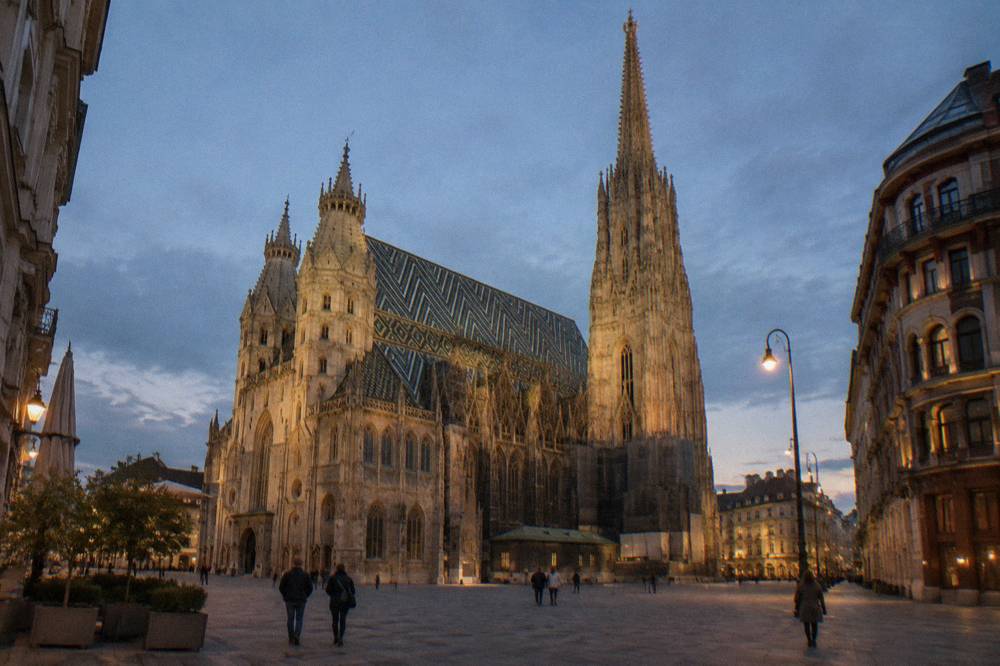 St. Stephen's Cathedral lit against a darkening evening sky above Stephansplatz paving