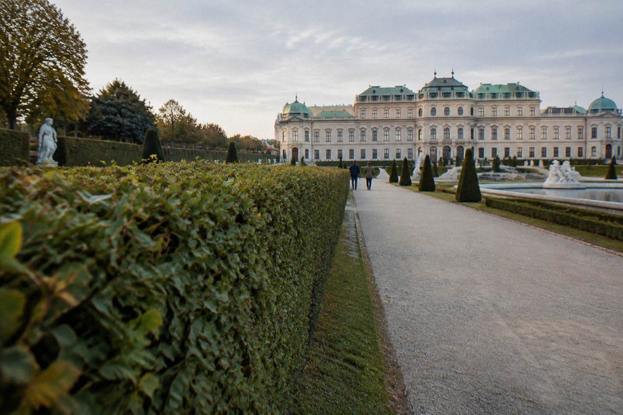 A trimmed hedge and a straight gravel path in the Belvedere garden leading toward the Upper Belvedere facade