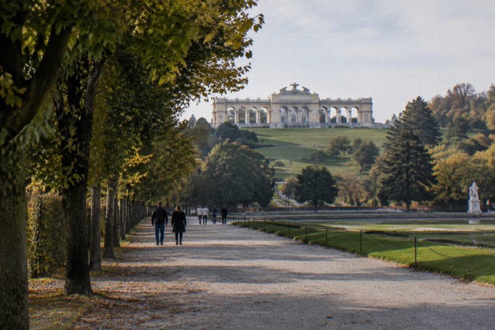 A tree-lined gravel path in the Schönbrunn park rising toward the Gloriette on its hilltop
