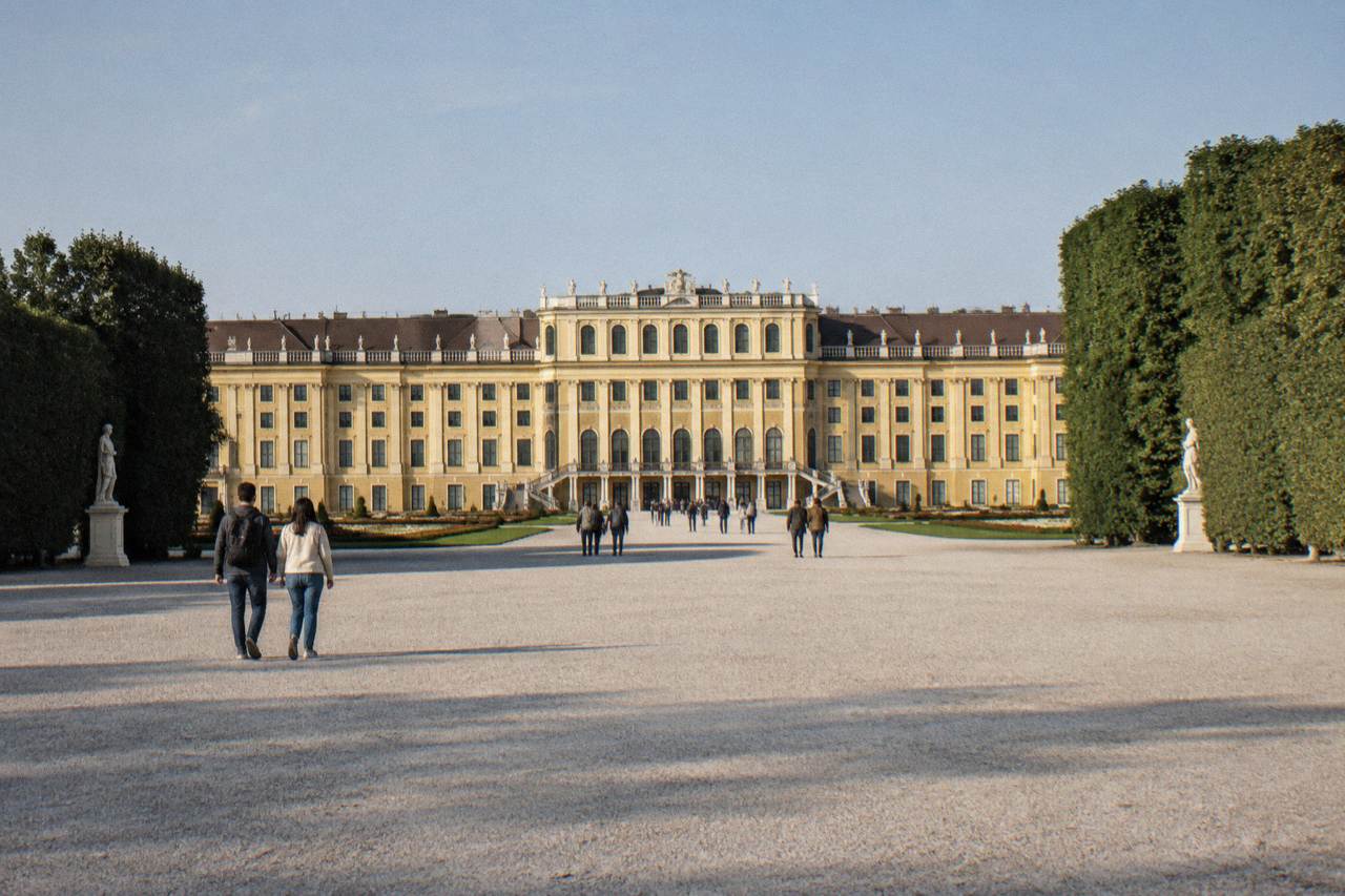 The ochre Schönbrunn facade seen across the wide gravel forecourt with trimmed trees on either side