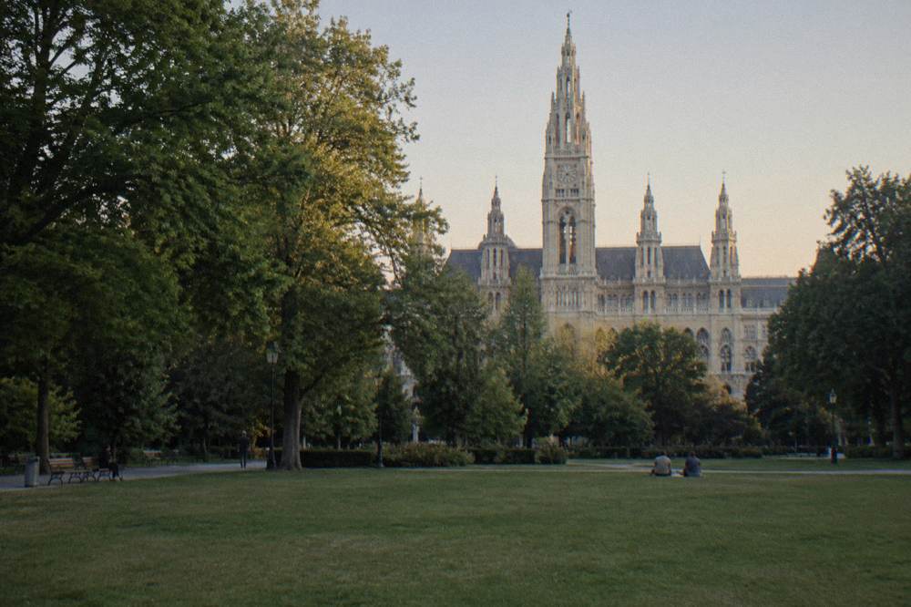 The Rathauspark lawn and tall trees in front of the Rathaus with an empty open space ready for a summer evening