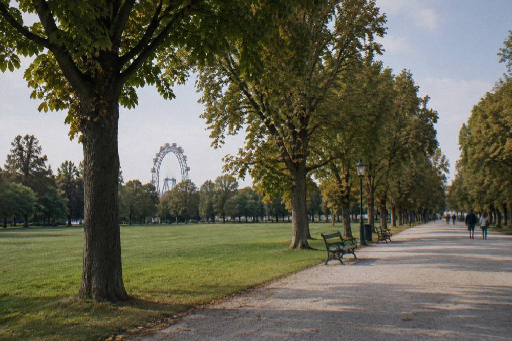 Wide meadows and mature chestnut trees alongside the Hauptallee in the Prater under a high sky