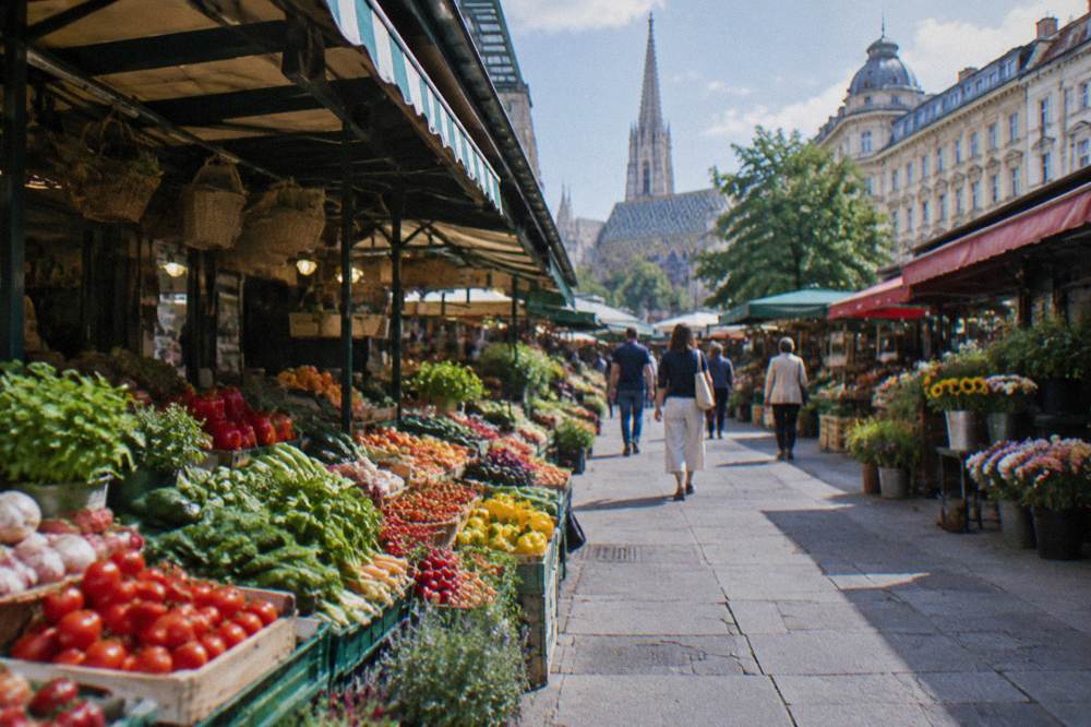 Market stalls piled with fresh produce along the Naschmarkt walkway in midday light