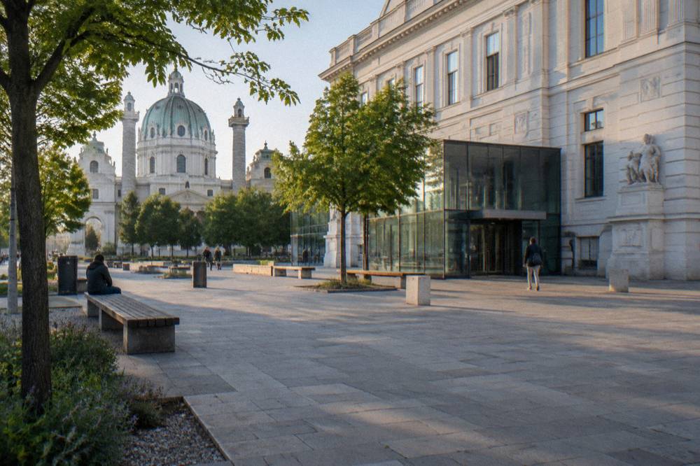 The wide stone plaza in front of the Wien Museum entrance with bench seating and trees, photographed from the edge in morning light