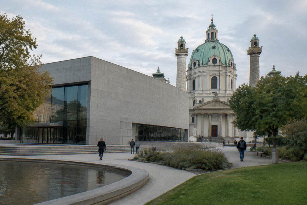 The grey modern block of the Wien Museum on Karlsplatz with the Karlskirche dome rising behind it