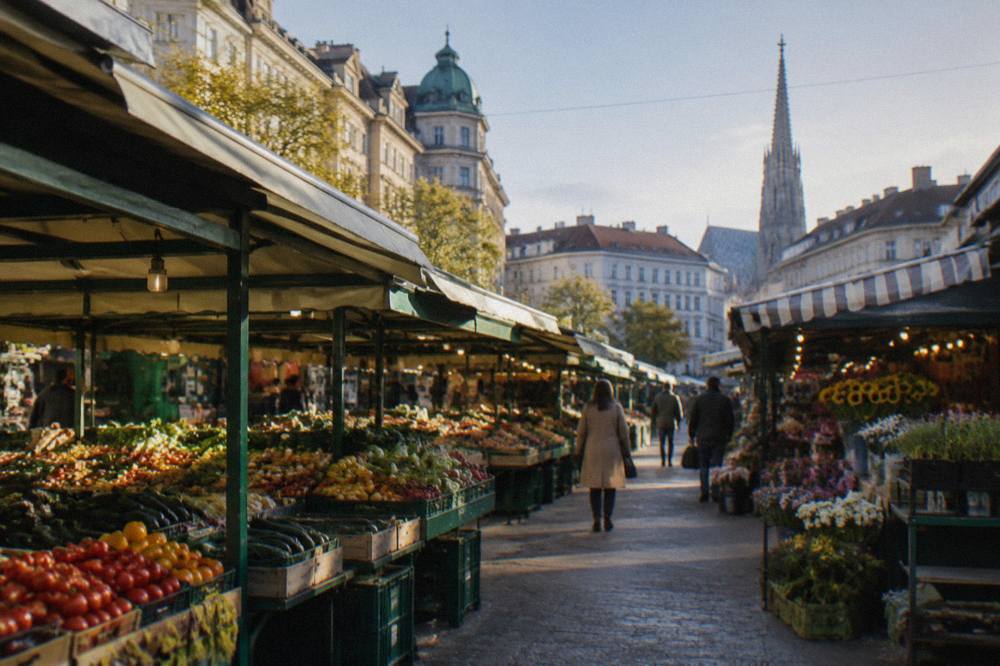 Rows of market stalls with produce displays under awnings at the Naschmarkt in warm morning light