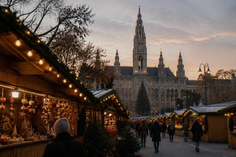 Wooden market stall roofs and string lights on Rathausplatz at dusk with the Rathaus tower beyond