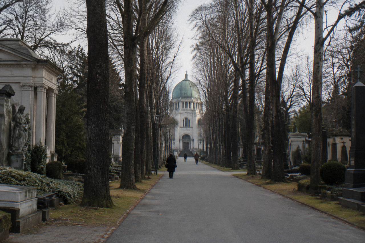 The wide central avenue of the Zentralfriedhof lined with tall bare trees and stone monuments leading to the domed church