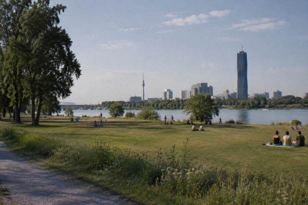 An open meadow on the Donauinsel on a summer afternoon with scattered picnickers seen from far away and the river beyond
