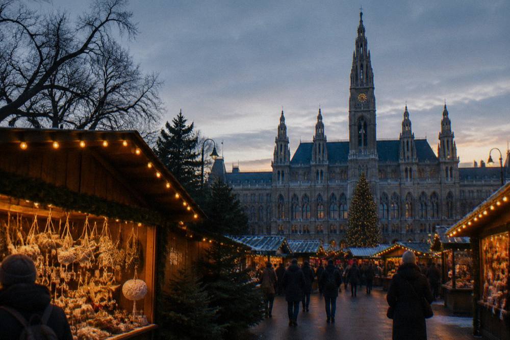 Rows of wooden market stall roofs with strings of warm lights on Rathausplatz at dusk, the Rathaus tower dark against a winter sky
