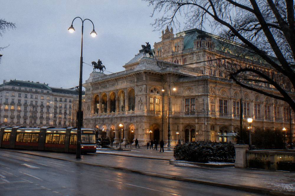 The State Opera frontage on a cold winter evening with street lamps lit and a tram passing, people tiny in dark coats
