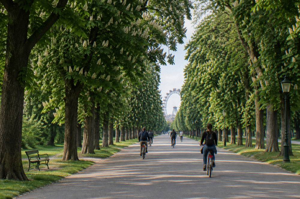 The long straight Prater Hauptallee with chestnut trees on both sides and a few cyclists seen from behind on the path