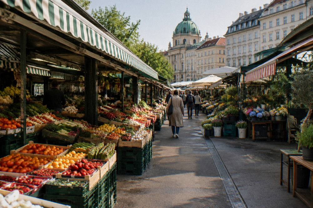 A busy Naschmarkt lane with fruit and vegetable stalls under striped awnings in mid-morning light