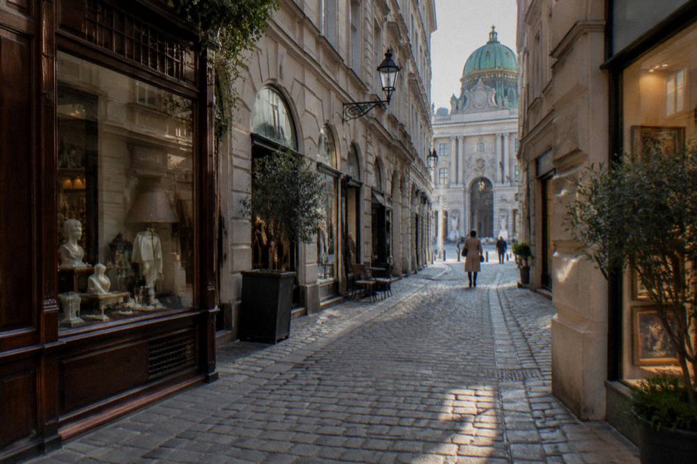 A narrow old-town lane running off the Graben, with historic shopfronts and cobbles in side light