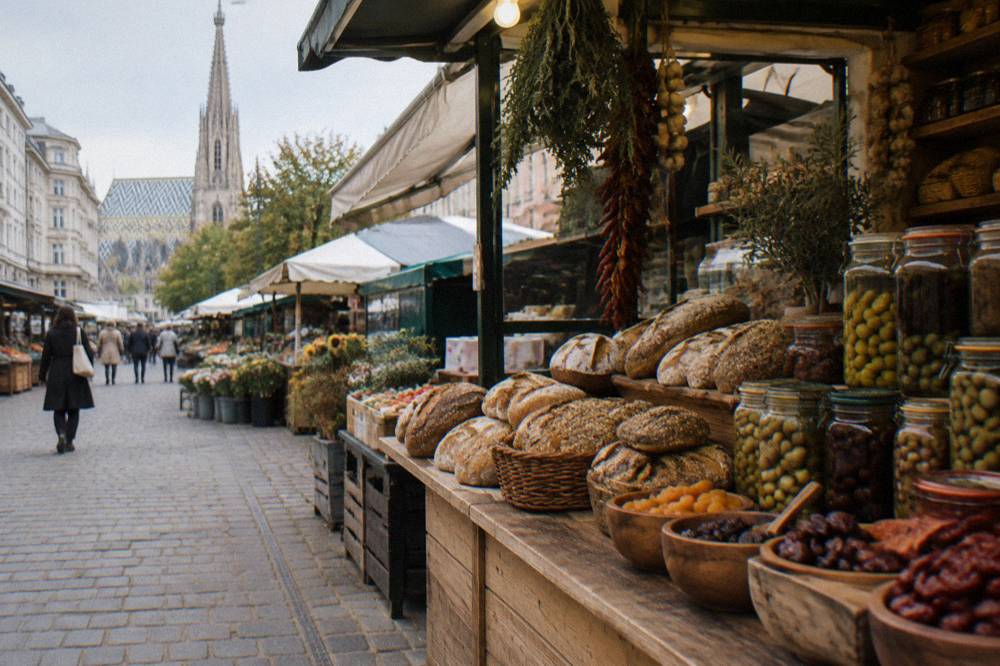 Wooden counters with bread loaves, olives in jars and dried fruit at a Naschmarkt stand, no one at the counter