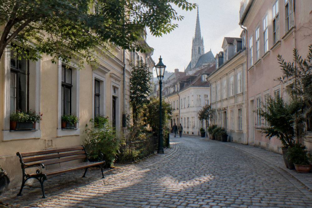 A quiet Spittelberg street of pastel Biedermeier facades with morning light on the cobbles and an empty bench