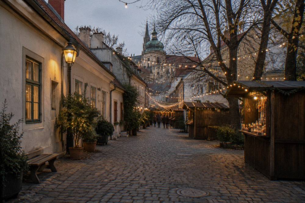 Cobbled Spittelberg lanes at dusk with low houses and strings of lights over small wooden stalls, a few visitors far off