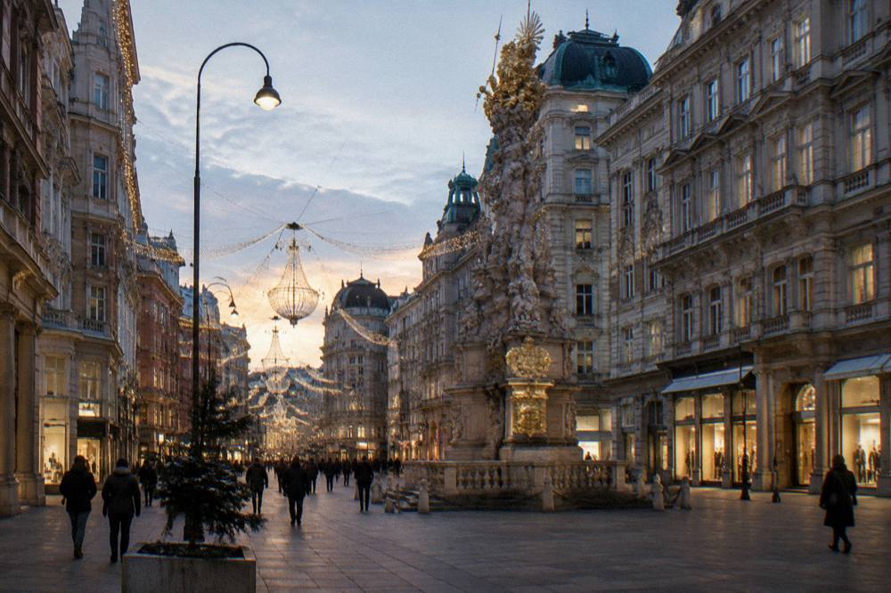The Graben at winter dusk with strings of overhead lights and the ornate Plague Column, people tiny in dark coats