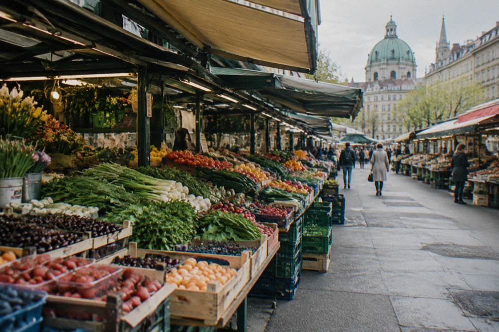 Fresh produce displays along the Naschmarkt aisle at lunchtime with awnings overhead and a few distant shoppers