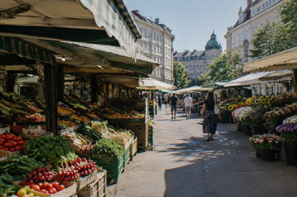 Market stalls with fresh produce under awnings along a Naschmarkt aisle in warm midday light