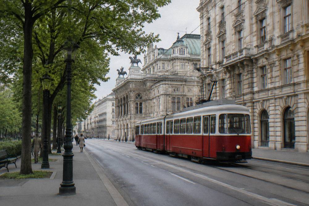 A red and white Vienna tram moving along the Ring beside historic facades with a tree-lined pavement