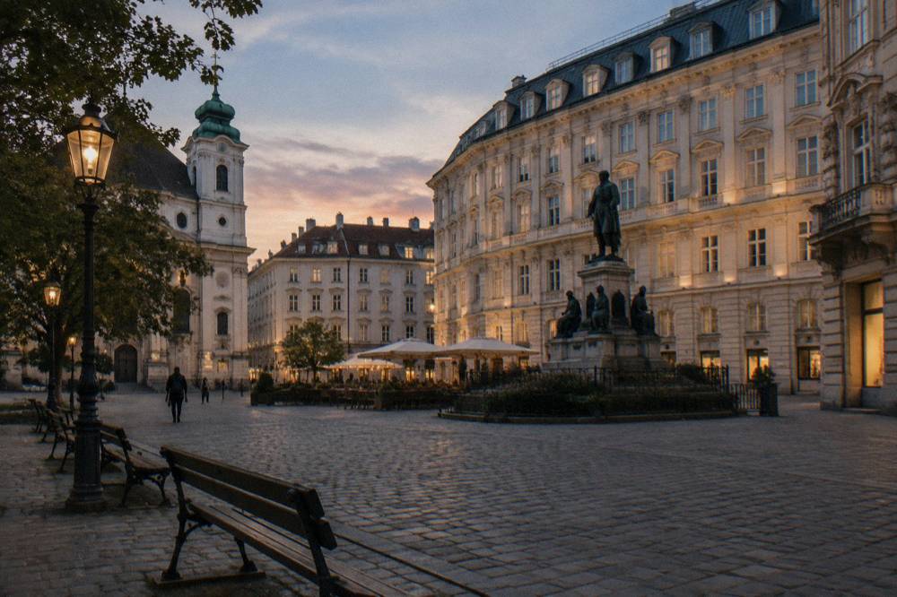 A Vienna square at dusk with a lit pale facade and empty benches along the cobbles near Neuer Markt