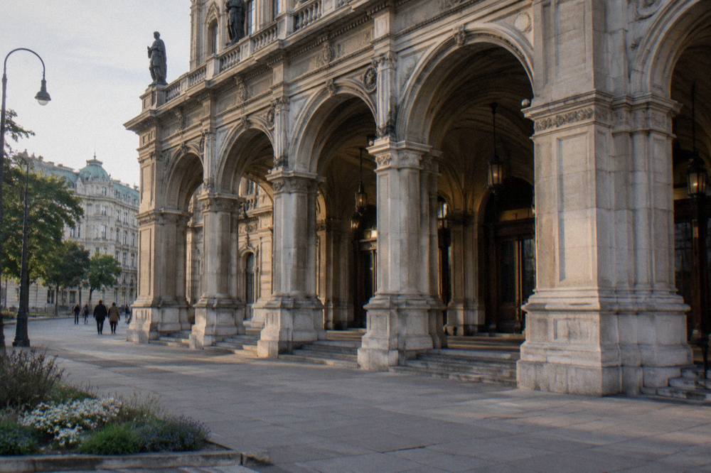 The arched loggia on the State Opera's front facade with its stone columns in afternoon light, seen from the pavement