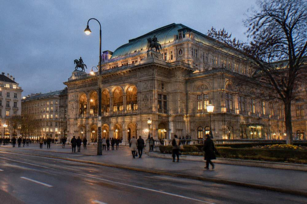 Evening visitors in coats walking along the Opernring past the lit opera facade, shot from across the road with soft motion blur